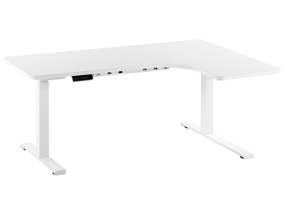 Beliani Rohový písací stôl elektricky nastaviteľný pravostranný 160 x 110 cm biely DESTIN II